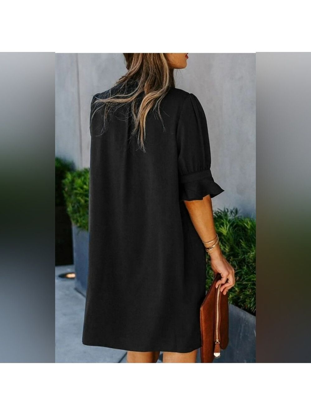 Vee Neck Short Sleeve Tunic Dress Black Size XL - Picture 4 of 9